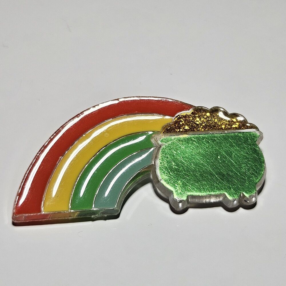 Pot Of Gold At End Of Rainbow Lapel Pin Plastic Size Vintage By Hallmark 1982